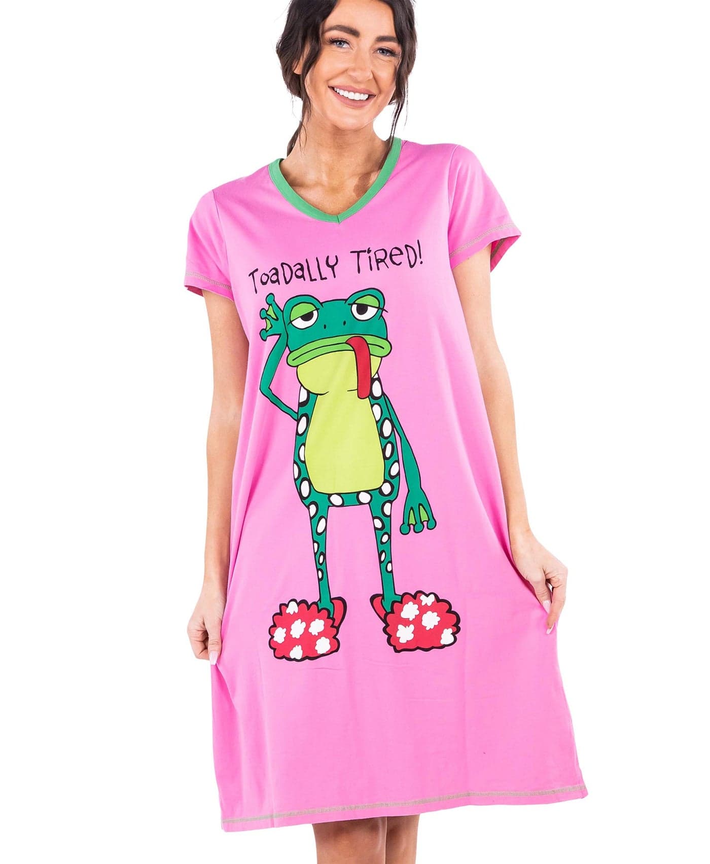 Lazy One Women's Nightgown, Funny V-Neck Sleep Shirt for Women, Frog PJ Shirt (Toadally Tired, S/M)