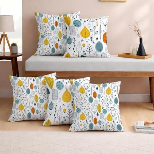 STITCHNEST Set of 5 Polycotton Cushion Covers – 16x16 Inches – Multicolor Leaf & Nature-Inspired Print – Cheerful Cushion Covers for Sofa & Living Room Decor