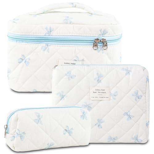 GISMTR 3Pcs Makeup Bag Cotton Quilted Travel Cosmetic Bag Cute Floral Makeup Pouch Large Toiletry Bag for Women Girls BowBlue