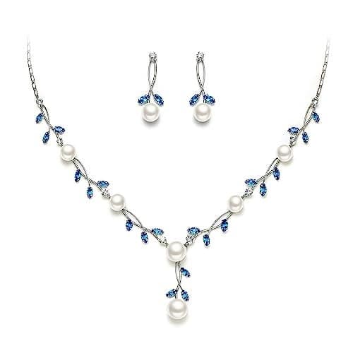 EVER FAITH Wedding Jewelry for Bridesmaid CZ Crystal Simulated Pearl Floral Vine Filigree Bridal Necklace Earrings Set Sky Blue Silver-Plated-Brass