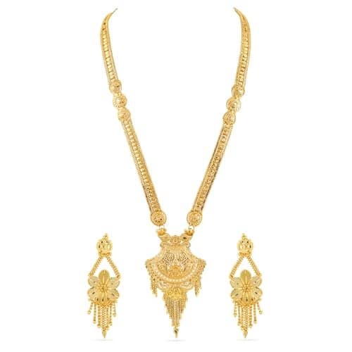 Rubans 18K Gold-Plated Floral Filigree Long Necklace Set with Intricate Pendant and Earrings for Women & Girls – Perfect for Bridal Wear, Traditional Ceremonies & Grand Occasions