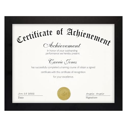 Frametory, 8.5 x 11 Picture Frame with Back Hangers for Wall Display, Easel Stand for Tabletop, for Certificates, Documents, Awards, Acknowledgements, Wide Molding (Black, 1-Pack)