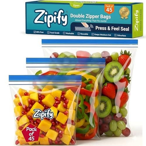 Zipify Zip Lock Bag | Pack of 45 |15 L+15 M+15 S | Ziplock Pouch | Ziplock Bags For Fridge | MultiPurpose Storage Double Zipper Bag, Travel Packing, Reusable and Reclosable, Leak- Proof, Food Grade