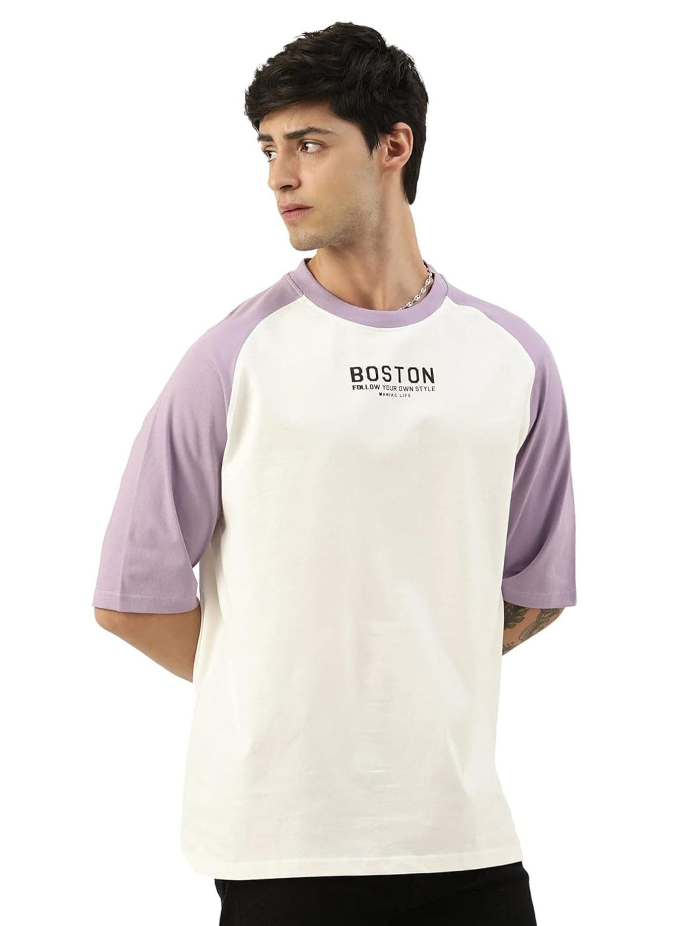 Maniac Mens T-Shirt || Casuals Printed Ragalan T-Shirt || Oversized T-Shirt for Men || Round Neck Half Sleeve || White and Purple Cotton Tshirt