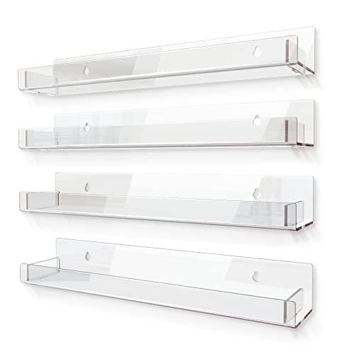 RORKIM 4 Pack 15 Inch Clear Acrylic Shelves Clear Kids Floating Bookshelf for Kids Room Modern Nail Polish Rack Sunglasses Essential Oil Picture Ledge Display Toy Storage Wall Shelf