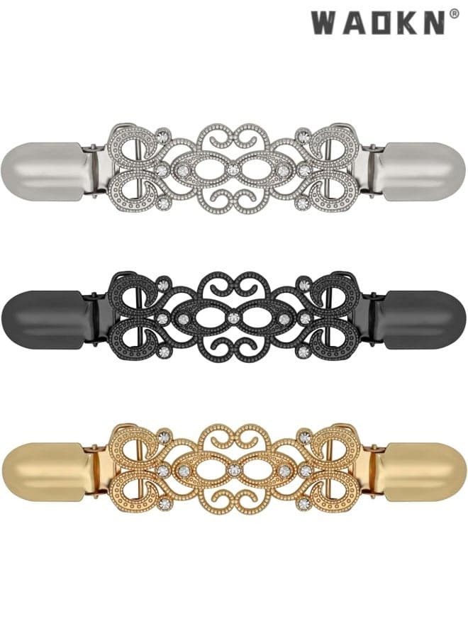 3 Pcs Cinch clips Vintage Sweater Clips Dress Clip Back Cinch shawl Cardigan Collar Clip to Tighten Dress Pant Waist Tightener for Women , alloy material , compact and delicate , gold , black , silver .