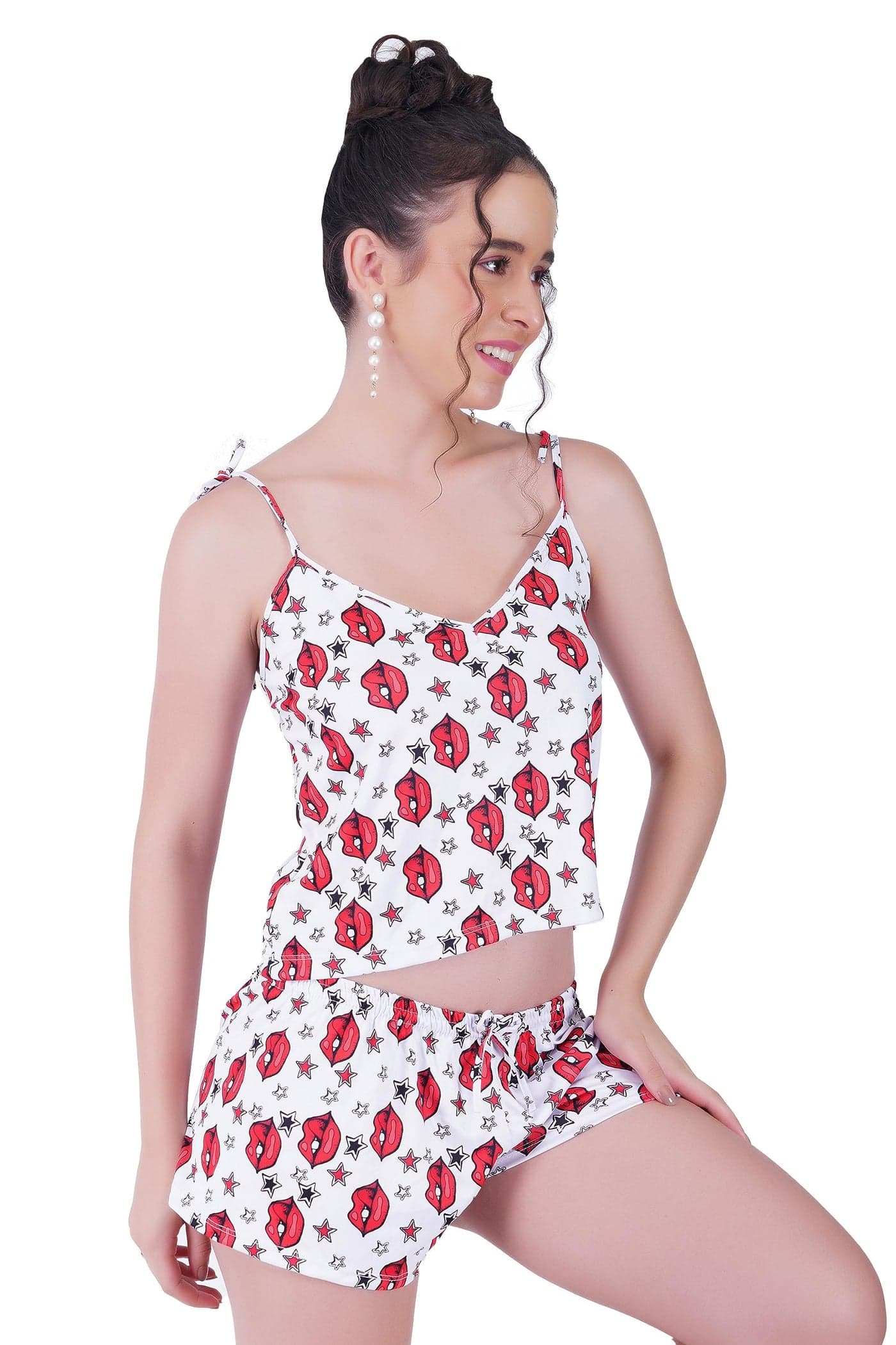 SoSh Heart Print Love Sexy Women Lingerie Lace Babydoll V Neck Chemise Halter Mesh Nightwear Babydoll for Honeymoon Nightwear Beahwear BeachParty Lingerie with Panty (White Lips)