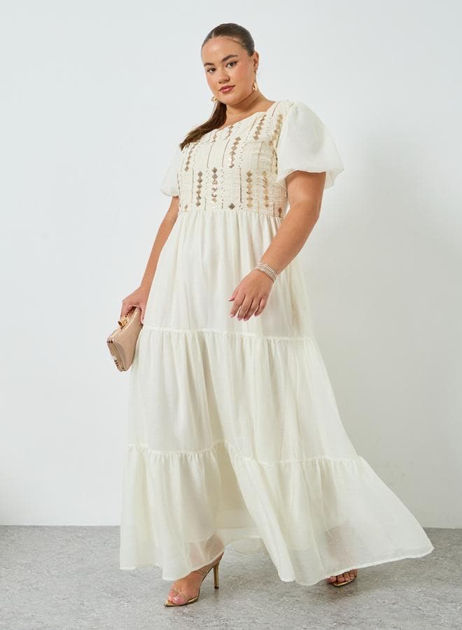 Plus Size Cream Embroidered Tiered Maxi Dress