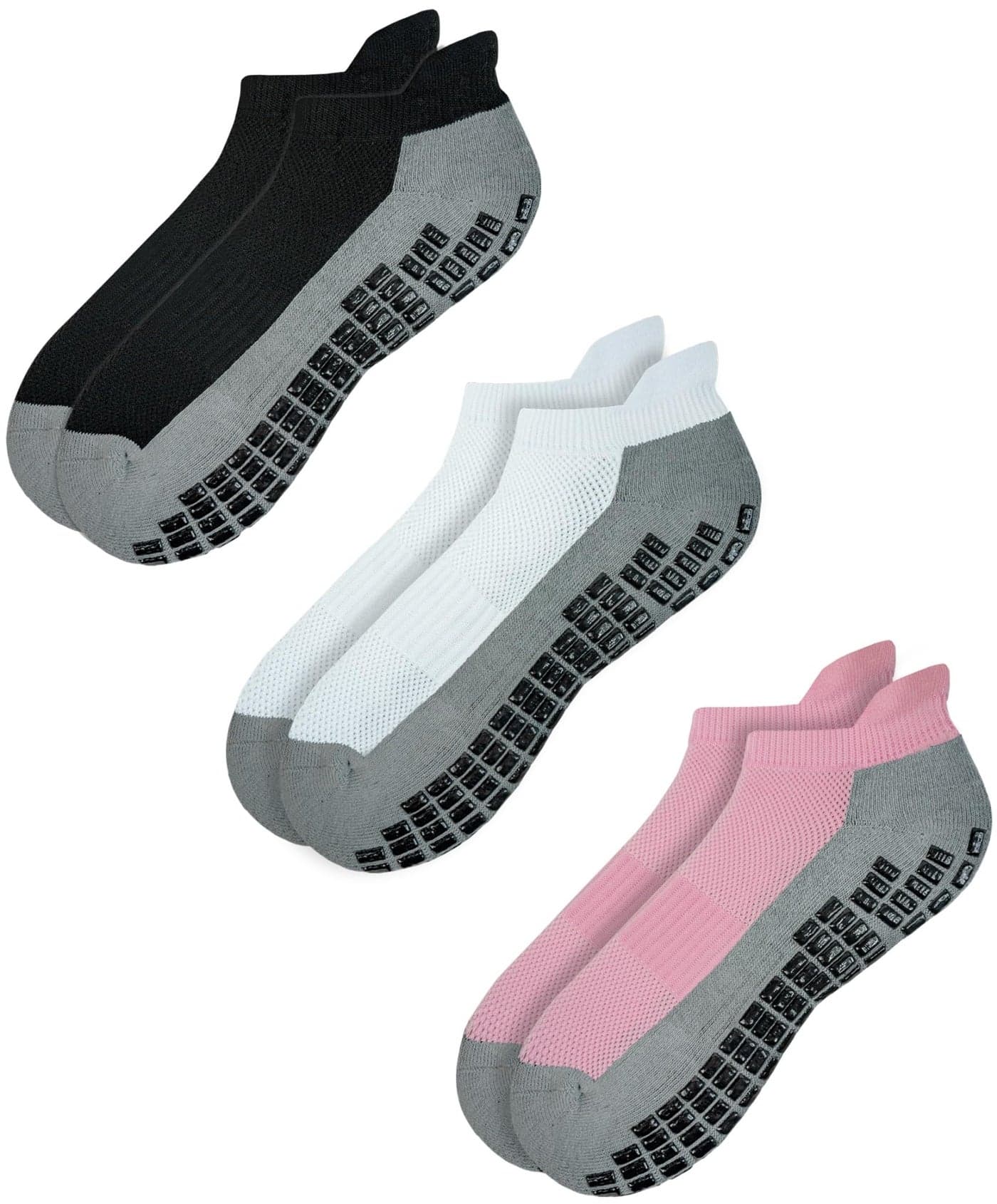 RATIVE Super Grips Anti Slip Non Skid Yoga Hospital Socks for Adults Men Women (X-Large, 3-Pairs/Black+White+Pink)