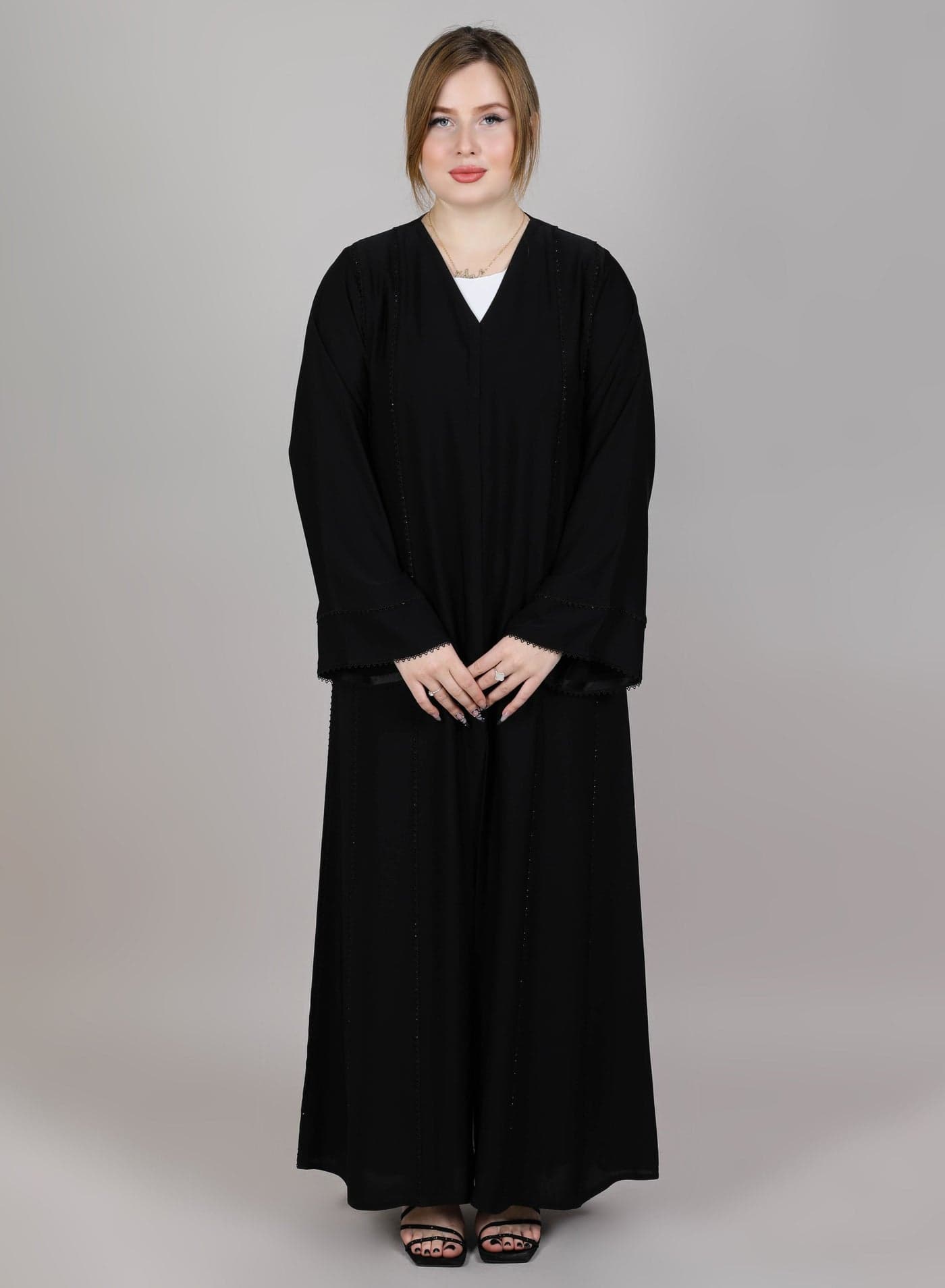 MSquare Fashion Black V Neck Embroidered Open Abaya