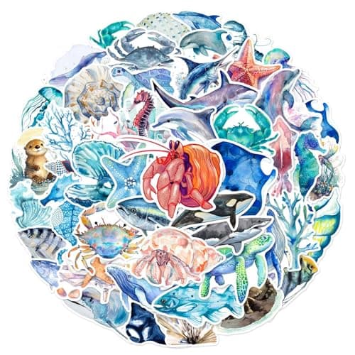 50pcs Ocean Animal Stickers for Water Bottles Waterproof Adhesive Fish Decals Under The Sea Marine Life Stickers Ocean Stickers for Kids for Birthday Party Scrapbook Skateboard Phone Laptop