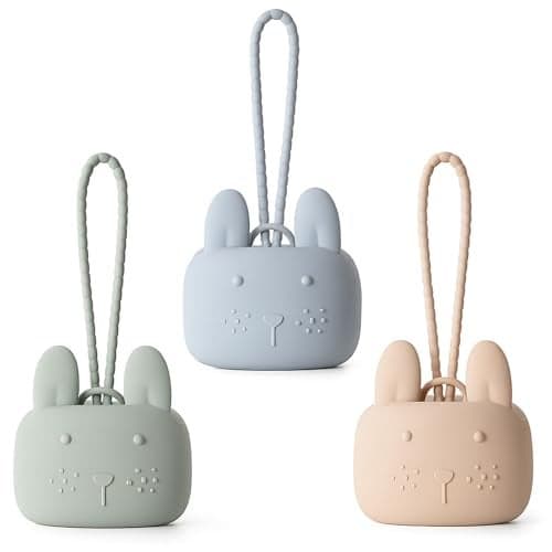 ROCCED Pacifier Holder Case Silicone Bunny Design Pacifiers Pouch with Soft Silicone Strap Travel Storage for Stroller Diaper Bag Pacifier Holder Pouch for Baby Set of 3 Beige Dusty Green Blue