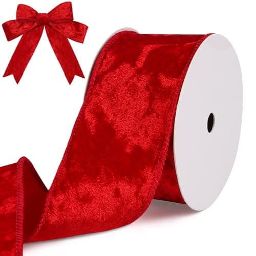FOIMAS Christmas Red Velvet Ribbon 25 Inch x 10 Yards Wired Velvet Christmas Tree Ribbon with Wired Edge for Xmas Tree Topper Bow Making Gift Wrapping Xmas Decoration Crafts