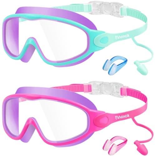 Vvinca Swim Goggles, Kids Goggles with Earplugs& Nose Clip Wide View Anti-Fog/UV Swimming Goggles for Age 3-15 Boys Girls