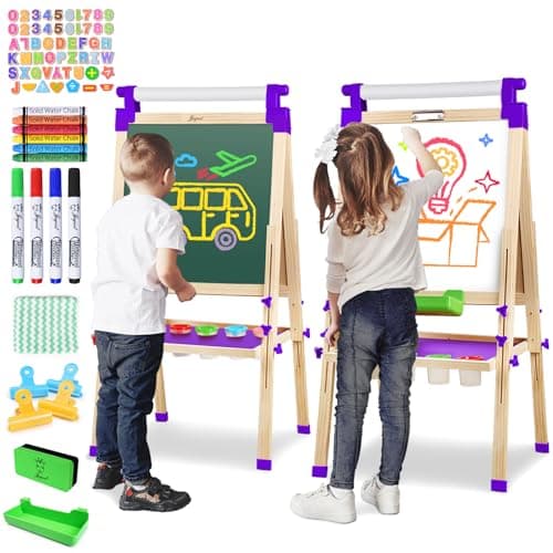 JOYOOSS Art Easel for Kids Easels for ToddlersWooden Kid Easel with Paper Roll Chalkboard for Kids Adjustable Double Sided Dry Erase BoardToddler Art Easel for Kid Ages 48