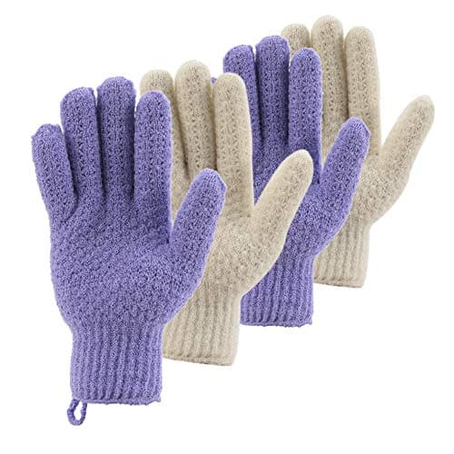 CLEEDY Bath Exfoliating Gloves Scrub - 4 pcs(2 pairs) Lengthened and Large Exfoliating Scrubbing Gloves for Shower, Spa, Massage - Scrub Exfoliating Mitts for Body, Face, Hand (Purple and Beige)