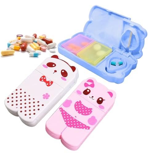 FunBlast Pill Organizer Box – Set of 3 Pcs Cute Medicine Holder, 2 in 1 Pill Boxes with Cutter, Tablet Container for Daily, Portable Medicine Organizer, Pill Case with 2 Separate Compartments Box (Pig+Panda+Cat)