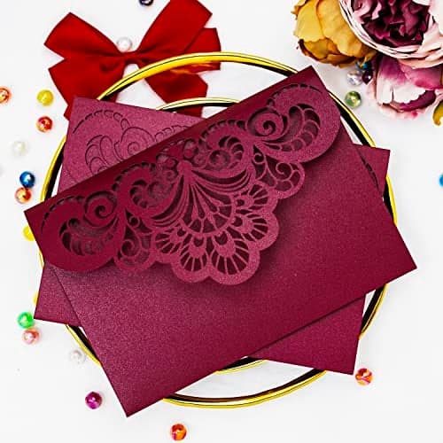 Builcker 20 Pcs Laser Cutting Burgundy Invitation Card Greeting Card Graduation Party Wedding Birthday Party Invitations Invitation Pocket With Envelope (Burgundy)