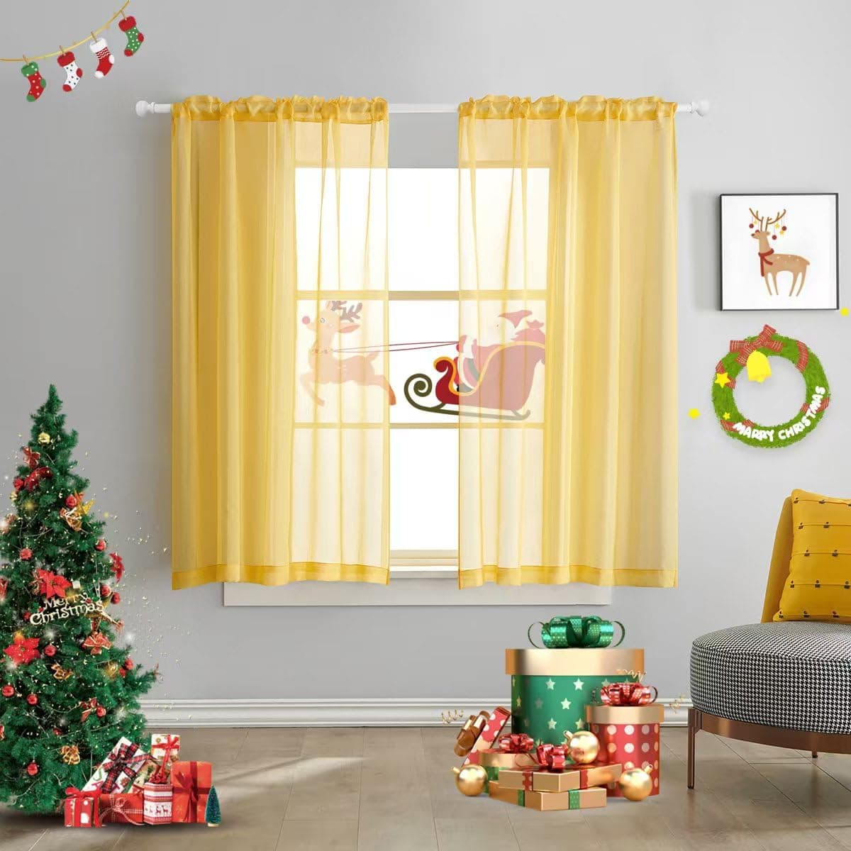 TOAVA DECO Christmas Yellow Semi Sheer Curtains 63 inch Length in Curtains Faux Linen Bright Yellow Sheers Curtain for Bedroom Living Room Girls Kids Room 2 Panels 52x63 Inches Long