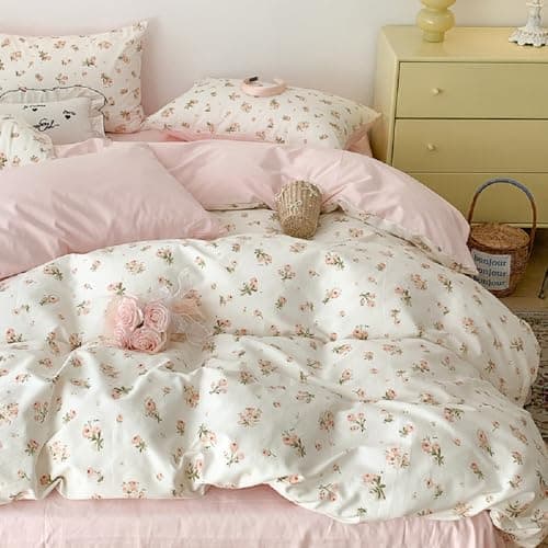 Erwinmu Floral Duvet Cover Set Queen Size,Pink Floral Flowers Bedding Duvet Cover Queen with Zipper Closure,Reversible Comforter Duvet Cover and 2 Pillowcases