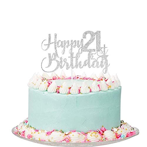 Festiko®Silver Glitter Happy 21st Birthday Cake Topper - 21st Birthday Cake Topper, 21st Birthday Party Decoration
