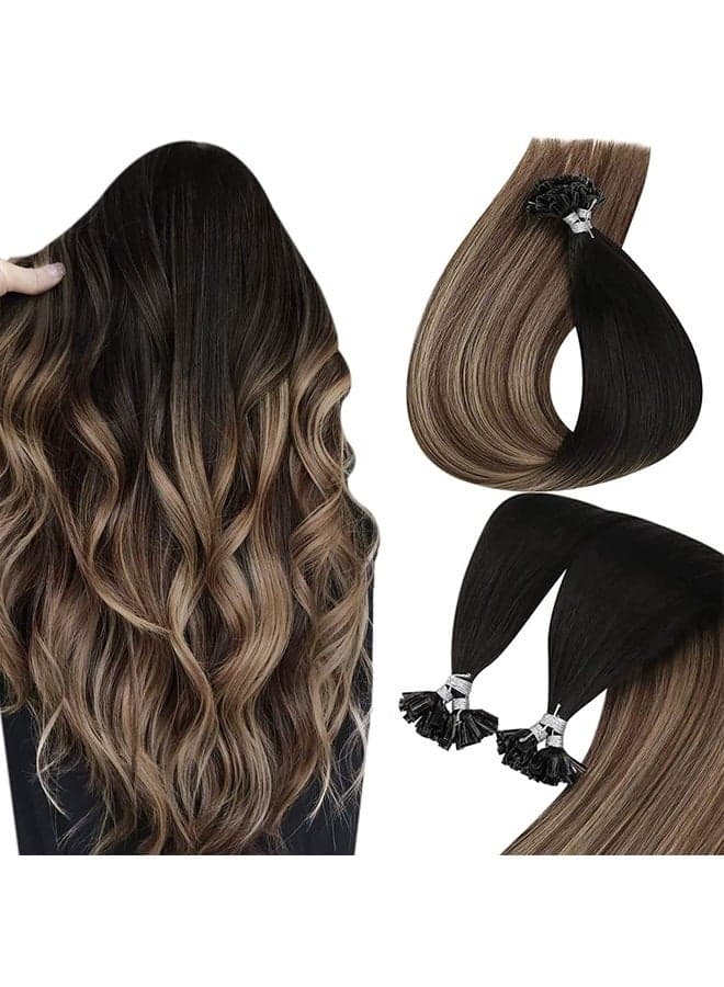 Sunny U Tips Hair Extensions Real Human Hair, Black Ombre U Tip Human Hair Extensions #1B/4/18 Brown Balayage Ash Blonde U Tips Fusion Hair Extensions Utips Black Hair Extensions Cold Fusion 50g 18in