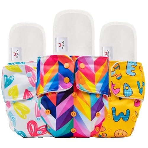 Mylo Leak-Proof Baby Cloth Diaper Combo (3 Diapers + 3 Inserts) | Free Size (3M-3Y) | High Absorption | Quick Dry | Oeko-Tex Certified | Washable - Rainbow, ABC & Heart Doodles