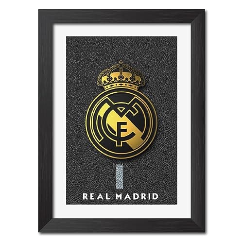 TenorArts Real Madrid FC 3D Textured Golden Coloured Logo Laminated Poster Framed Painting with Matt Finish Black Frame (12 inches x 9inches)