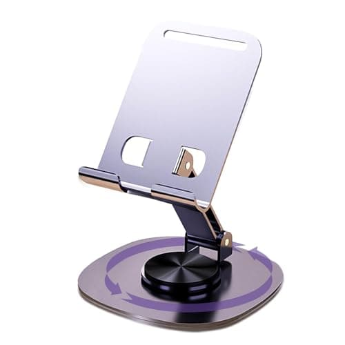 ONCHEER 360Rotating Phone Holder for Desk Portable Foldable Cell Phone Stand for Office Kitchen Adjustable Tablet Stand for All Mobile Phones iPhone iPad Nintendo Switch Metal Purple
