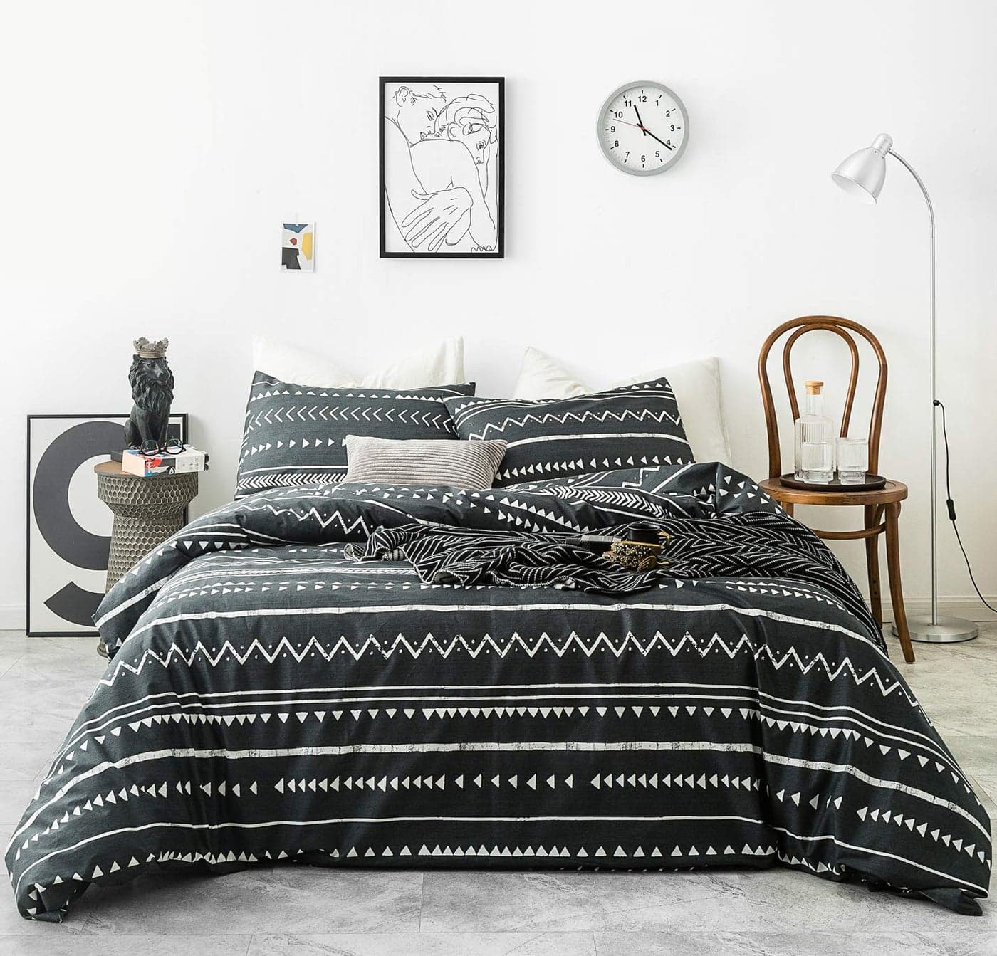 YuHeGuoJi Black White Boho Duvet Cover King 100 Cotton 3 Pcs Set 1 Vintage Triangle Aztec Duvet Cover with Zipper Ties 2 Pillowcases Neutral Bohemian Geometric Striped Bedding Set Soft