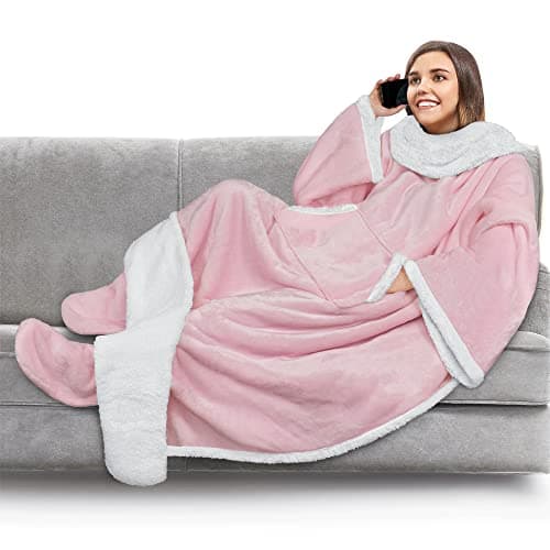 PAVILIA Sherpa Blanket with Sleeves, Foot Pocket for Women Men Adults, Thick Wearable Blanket Throw Wrap, Fleece Warm Snuggle Blanket Robe, Cozy Gift Ideas Wife Mom, Pink