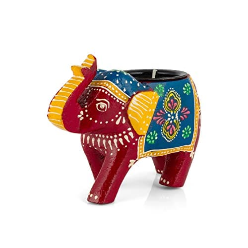 JH Gallery Home Decor Handcrafted and Colorful Wooden Elephant Tea Light Holder, (4 Inches, Red, Pack of 1)