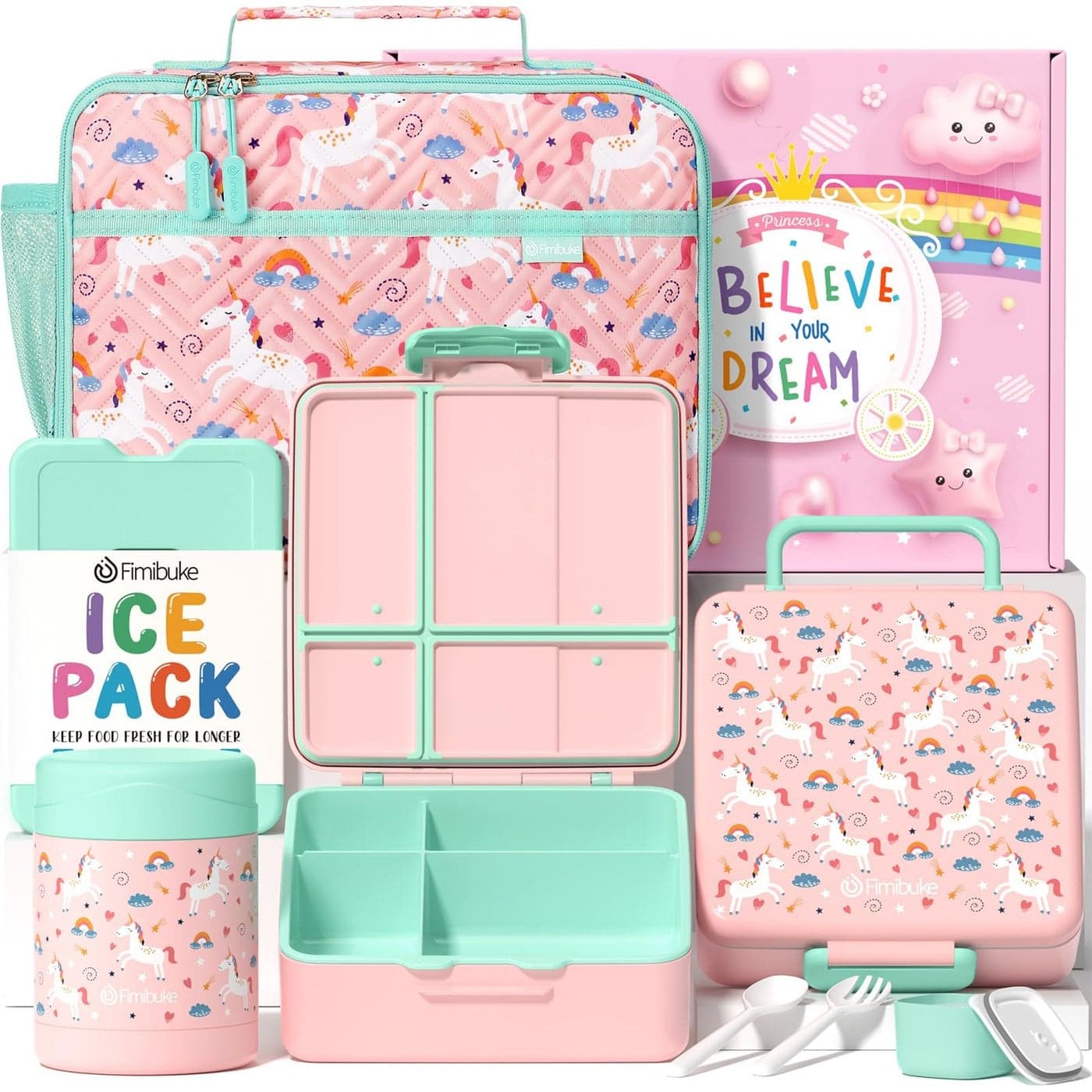 Fimibuke Kids Bento Snack Lunch Box with 4 Compartments Insulated lunch Bag Stainless Steel Thermos Food Jar Ice Pack Utensils Unicorn Birthday Gift for Age 312 Back to School Toddler Girl Boy