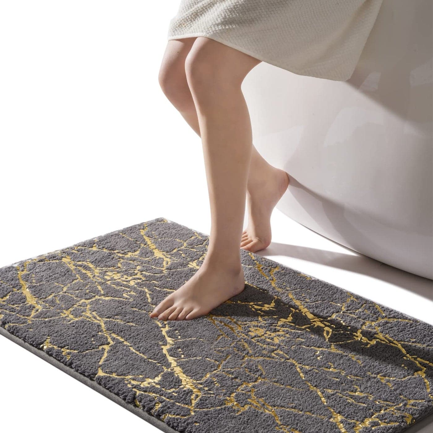 QJHOMO Marble Bathroom Rug Gray and Gold Decor Bathroom Rugs Non Slip Bath Mat Super Absorbent Microfiber Plush Bathmat Machine Washable Floor Carpet for Tub Shower Bedroom 24x36 inch