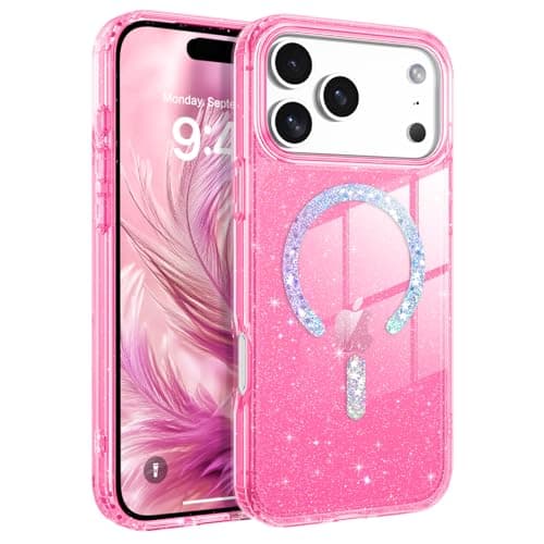 BENTOBEN Magnetic for iPhone 17 Pro Max Case Clear Crystal Glitter Bling 17 Pro Max Phone Case Compatible with MagSafe Shockproof Sparkly Cute Women Girl Cover for iPhone 17 Pro Max Hot Pink