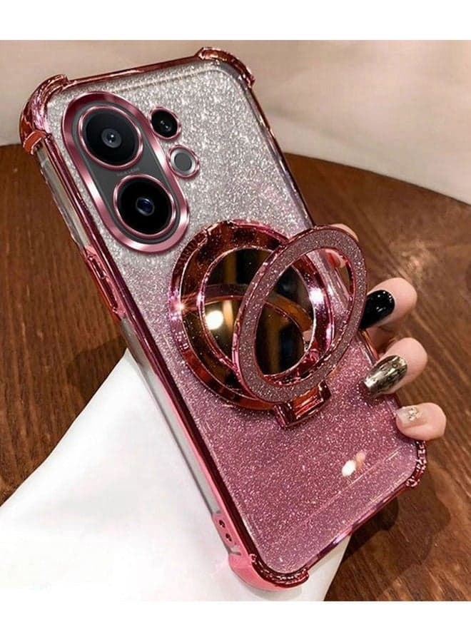for Vivo X200 Fe Case,【Full Camera Lens Protector】,【Magnetic Glitter Stand】,【Makeup Mirror】,Bling Sparkly Gradient Vivo X200 Fe 5G Cover,Elegant Shockproof Case for Women Girls,Pink