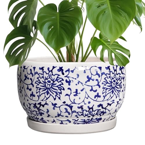 SQOWL Ceramic Pots for Plants - 10 Inch Ceramic Flower Pots with Drainage Hole and Saucer, Round Large Planter Indoor, Decorative Porcelain Planter Outdoor, Home Decor, Birthday Gifts, Blue and White