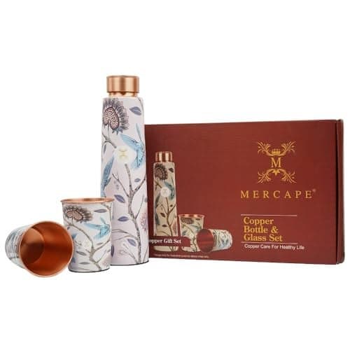 MERCAPE® - 100% Meena Print Pure Copper Water Bottle | Leak Proof, Durable & Rust Proof | Non-Toxic & BPA Free Bottles | Eco Friendly Water Bottle (900 ml) with 2 Glass 300 ML Each.