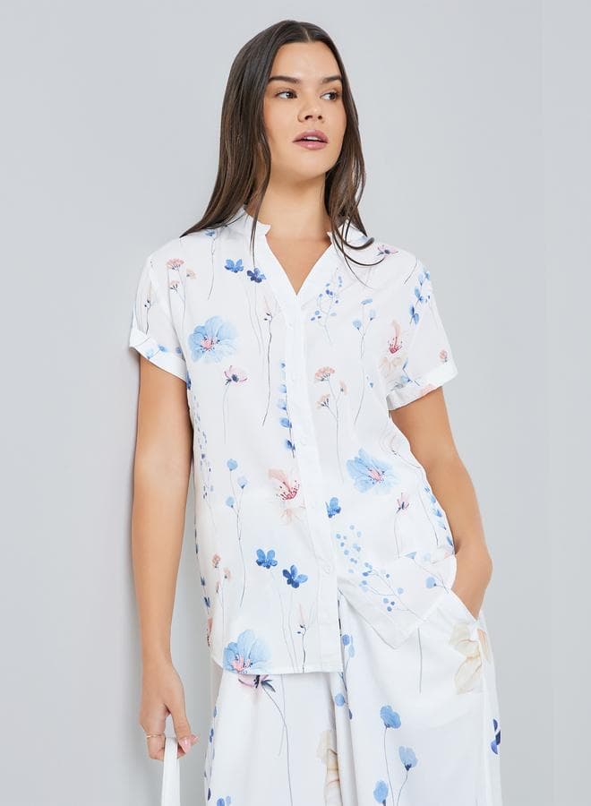 Women Floral Print Short Sleeve Buttoned Shirt