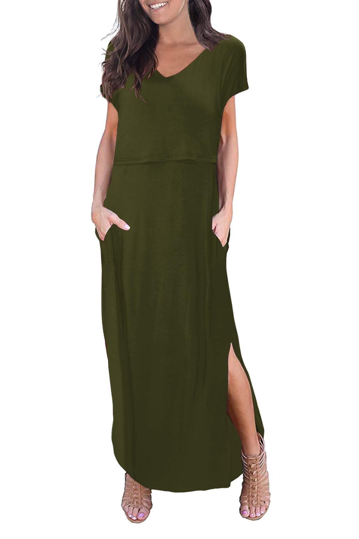 Smallshow Womens Maternity Nursing Dresses Split Long Dress for Breastfeeding XXLarge Army Green