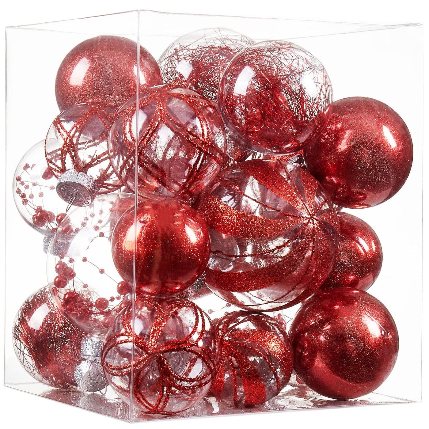 Clear Christmas Ball Ornaments24ct Shatterproof Plastic Decorative Christmas Ornaments Hanging Xmas Tree Baubles Set with Stuffed Delicate Glittering Decorations for Holiday Party Home Decor Red