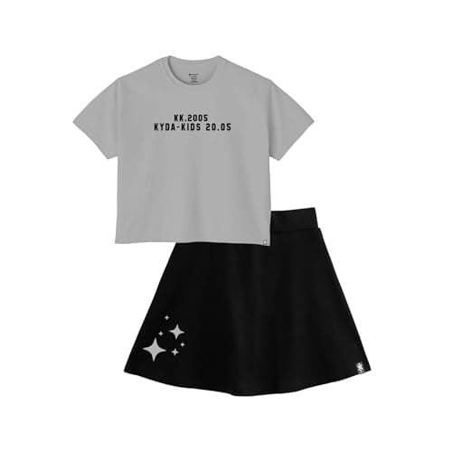 KYDA KIDS® Girls Premium 100% Cotton Crop Top and Skater Skirt Co-Ord Set with Inner Shorts | Printed Casual Summer Outfit | Soft Breathable Kids Wear