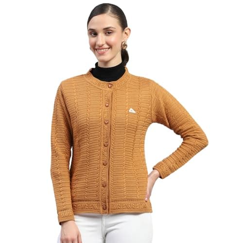 Monte Carlo Womens Mustard Self Design Round Neck Full Sleeves Cardigan (1243528RN-1109-38)