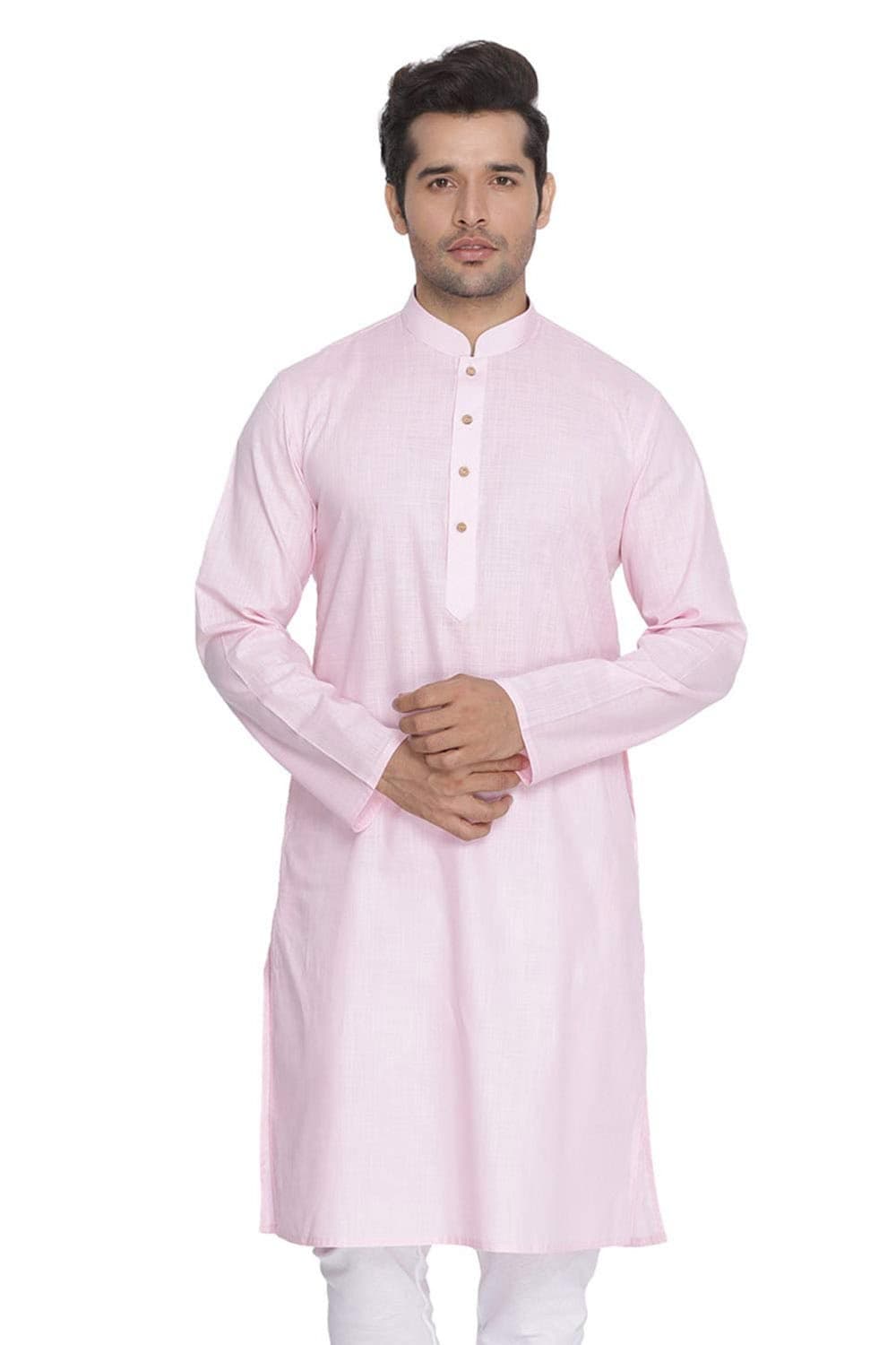 VASTRAMAY Mens Cotton Linen Light Pink Kurta - Timeless Elegance for Festivals & Events | Plain Solid Full Sleeves Mandarin Collar Kurta | Classic Design, Premium Comfort, and Versatile Style