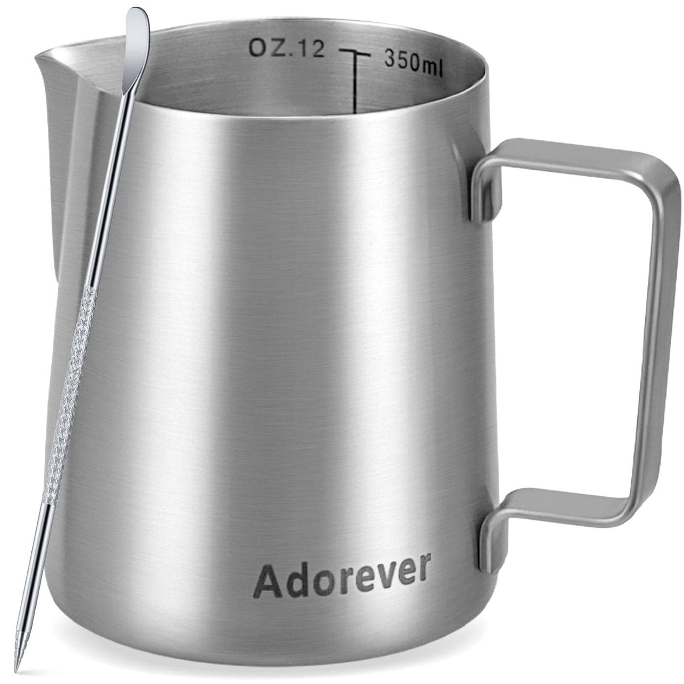 Adorever Milk Frothing Pitcher 12oz Stainless Steel Milk Frother Cup Steaming Pitcher Cappuccino Espresso Accessories Coffee Bar Barista Tools Steamer Cup Milk Jug with Latte Art Pen Matte Steel