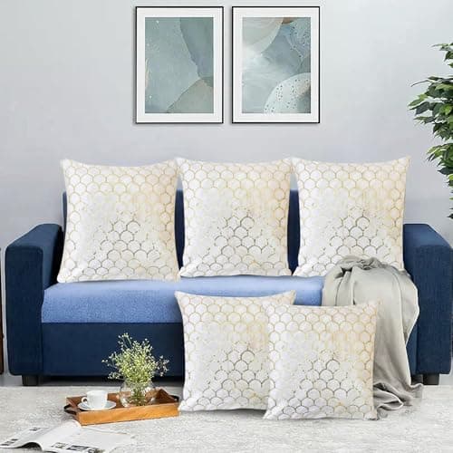 COZY FURNISH Pack of 5 Luxury Decorative Cushion Covers | Soft Velvet Pillow Covers with Elegant Golden Scallop Design | 16x16 Inches | Zipper Closure | Sofa, Bed, Living Room & Home Décor