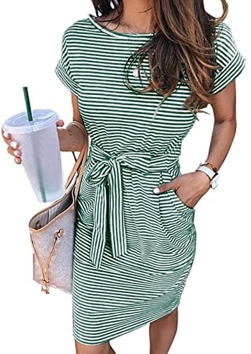 MEROKEETY Women's Summer Striped Short Sleeve T Shirt Dress Casual Tie Waist with Pockets DarkGreen