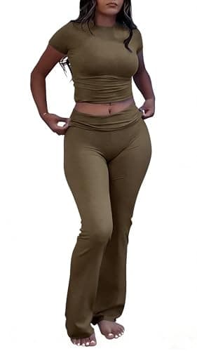 YETOWA Womens 2 Piece Outfits Low Rise Flare Leggings Short Sleeve Top Soft Stretchy Lounge Set Yoga Casual