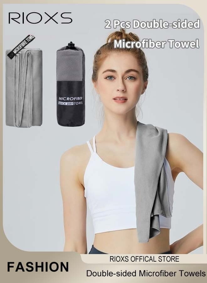 2 Pcs Double-sided Microfiber Gym Towel, Soft Quick Drying Compact Beach Towel, Lightweight Camping Towel Large Bath Sheet Towel, Super Absorbent Sweat Towels for Travel Pool Swimming Bath Camping Yoga Gym Sports, Grey