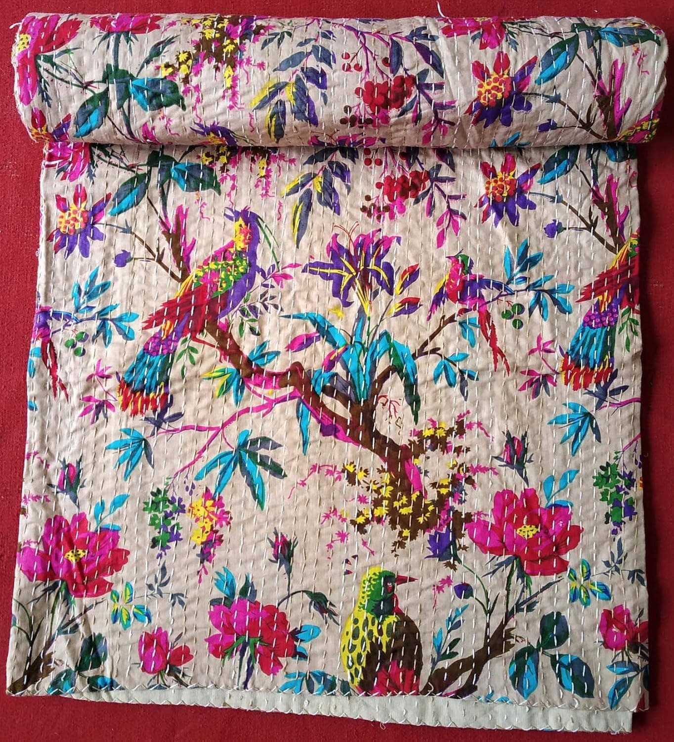 Kirti Textile and Handicraft Cotton Kantah Quilt Queen Size Kantha Bed Cover Handmade Kantha Bedspread Kantha Blanket ThrowSize 90x108 Inch